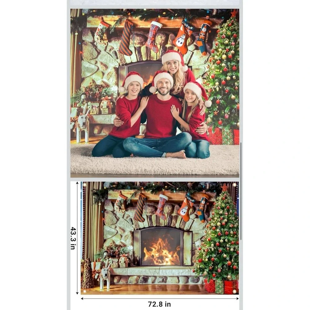 6x3.5 ft Christmas Fireplace Backdrop Fabric Interior Vintage Xmas Tree Stocking